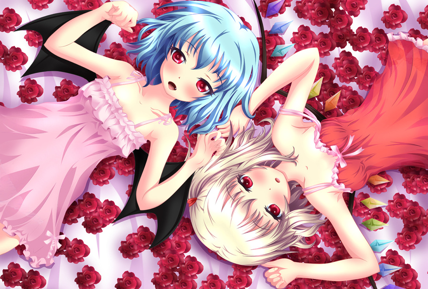 alternate_costume bare_arms bat_wings blonde_hair blue_hair blush breasts collarbone dress fang flandre_scarlet flower hair_ribbon highres looking_at_viewer lying medium_breasts multiple_girls neats nightgown off_shoulder on_back open_mouth pink_dress red_eyes red_flower red_rose remilia_scarlet ribbon rose siblings side_ponytail sisters small_breasts strap_slip touhou wings
