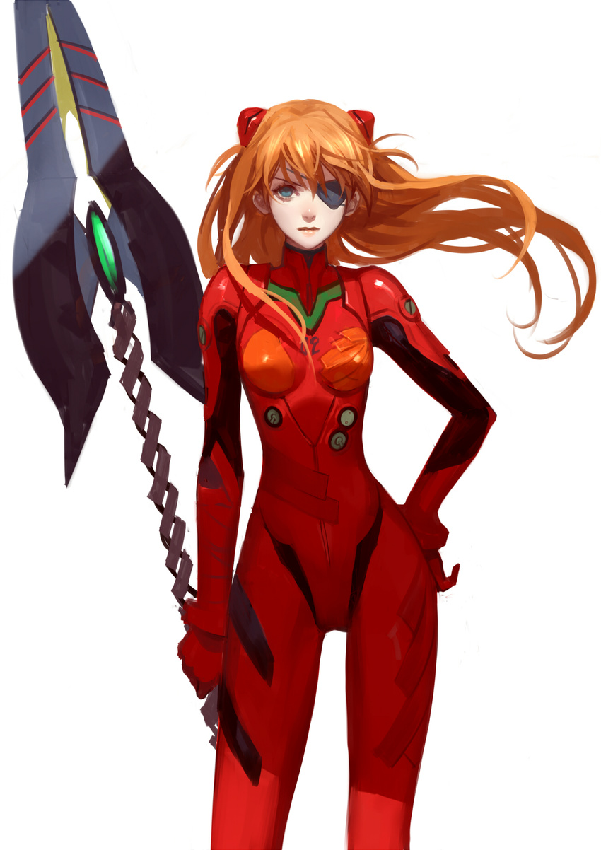 :| ask_(askzy) bangs blue_eyes bodysuit bracer breasts closed_mouth cowboy_shot evangelion:_3.0_you_can_(not)_redo expressionless eyepatch floating_hair gem gloves hair_between_eyes hair_ornament hand_on_hip headgear highres hips holding holding_weapon huge_weapon lips long_hair looking_at_viewer neon_genesis_evangelion number orange_hair pilot_suit plugsuit polearm rebuild_of_evangelion reverse_grip shikinami_asuka_langley simple_background skinny small_breasts solo souryuu_asuka_langley spear spear_of_cassius standing tape turtleneck two_side_up weapon white_background wind