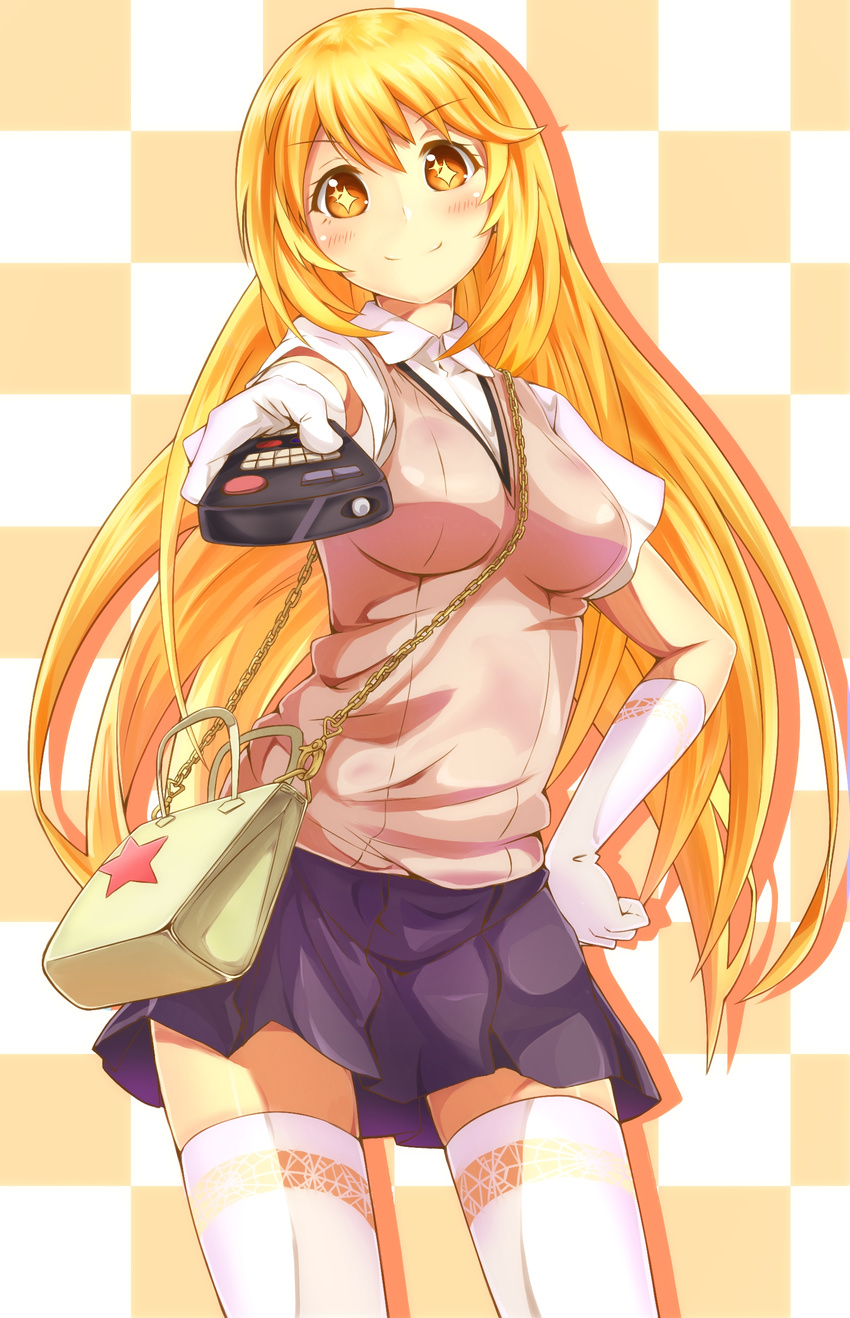 1girl absurdres ameyoshi bag between_breasts blonde_hair breasts chain checkered checkered_background contrapposto controller cowboy_shot elbow_gloves foreshortening gloves hand_on_hip handbag highres impossible_clothes lace lace-trimmed_gloves lace-trimmed_thighhighs long_hair looking_at_viewer medium_breasts pleated_skirt remote_control school_uniform shokuhou_misaki short_sleeves skindentation skirt smile solo spider_web_print standing strap_cleavage sweater_vest symbol-shaped_pupils thighhighs to_aru_kagaku_no_railgun to_aru_majutsu_no_index white_gloves white_legwear yellow_eyes zettai_ryouiki