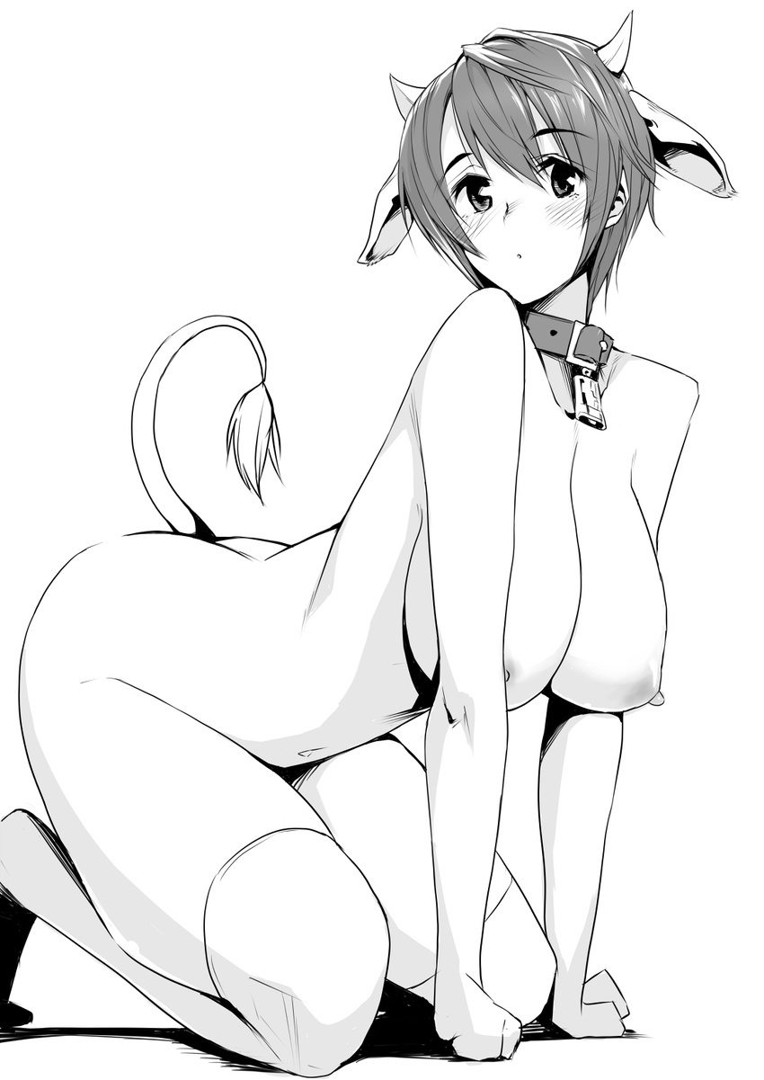 :o all_fours animal_ears bell bell_collar blush breasts buckle collar cow_ears cow_horns cow_tail gen_(black_factory) greyscale highres horns idolmaster idolmaster_cinderella_girls large_breasts monochrome nipples oikawa_shizuku short_hair solo tail tail_raised thighhighs
