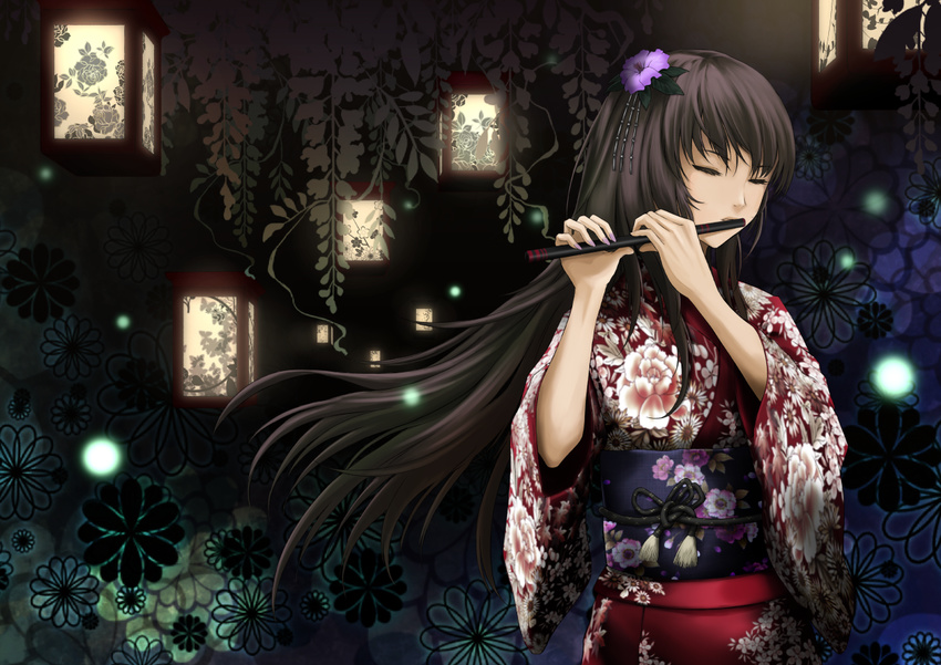 black_hair din47060702 flowers flute instrument japanese_clothes long_hair megurine_luka vocaloid