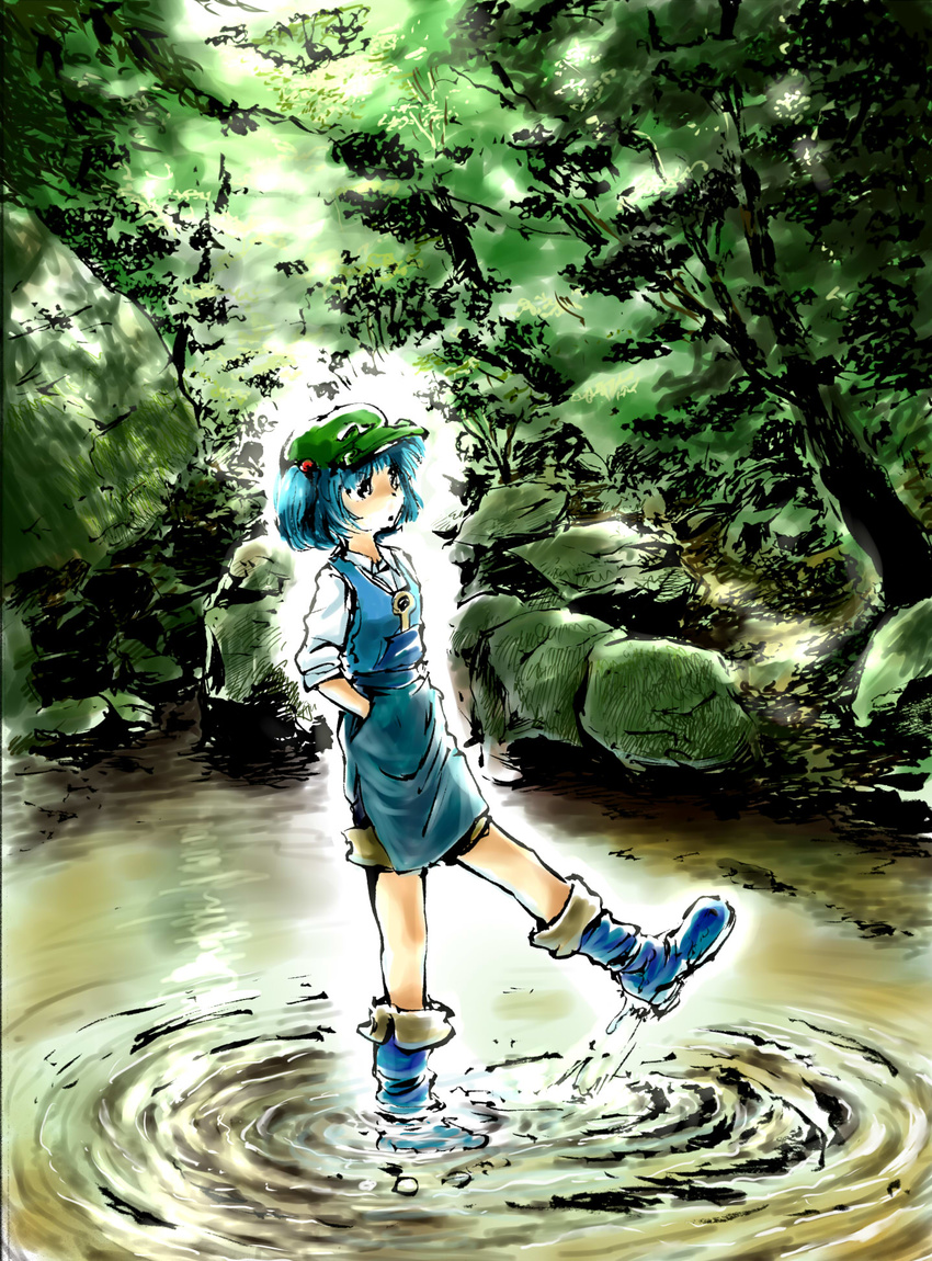 blue_hair boots forest hair_bobbles hair_ornament hands_in_pockets hat highres kawashiro_nitori kicking nature pond ripples short_hair short_twintails shorts sleeves_rolled_up solo standing standing_on_one_leg stufquin touhou tree twintails two_side_up wading water