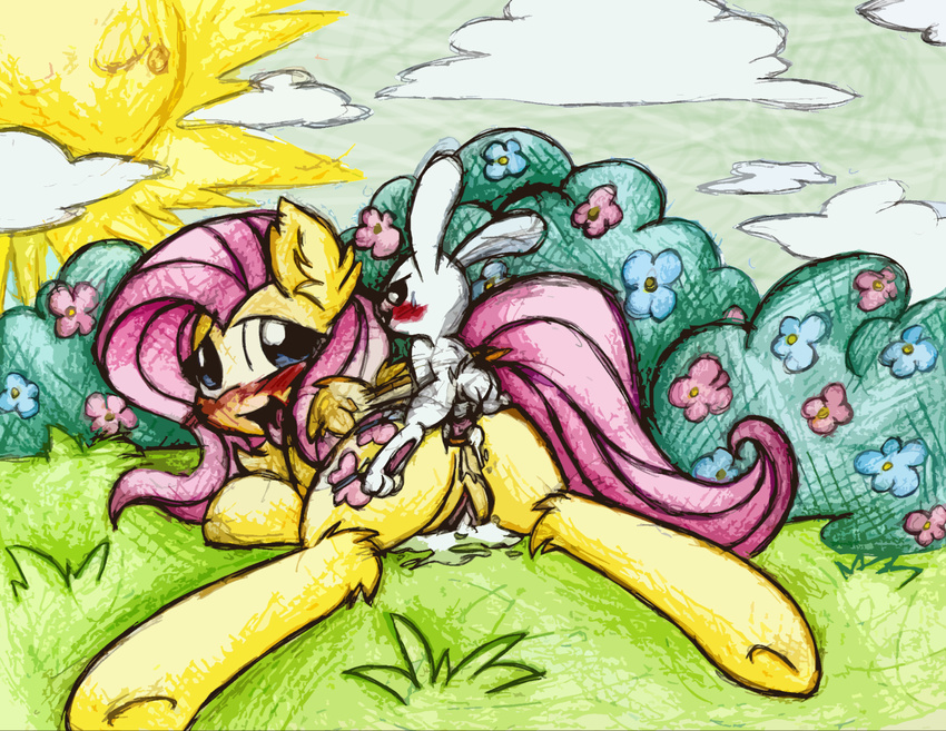 anal anal_penetration angel_(mlp) anus blue_eyes blush cutie_mark duo equine female feral fluttershy_(mlp) friendship_is_magic fur hair horse interspecies iroxykun lagomorph male mammal my_little_pony outside pegasus penetration pink_hair pony pussy rabbit sex straight sun tongue tongue_out wings yellow_fur