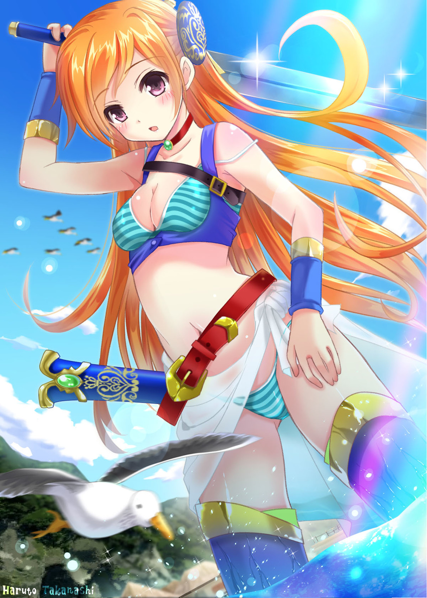 armband artist_name belt bikini bird breasts cleavage day dutch_angle highres long_hair loose_belt medium_breasts ocean orange_hair original pink_eyes purple_legwear seagull sheath sky solo striped striped_bikini swimsuit sword takanashi_haruto thighhighs very_long_hair water weapon