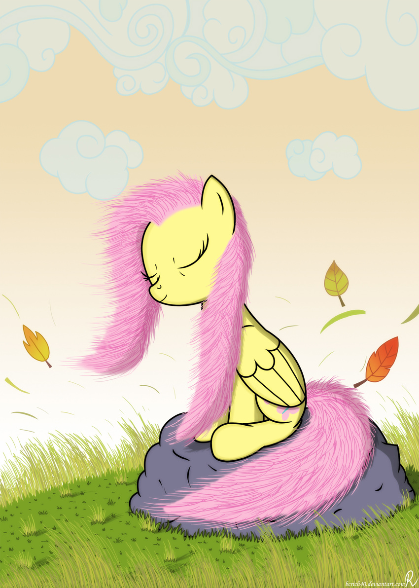 cloud clouds cutie_mark equine evening eyes_closed female feral fluttershy_(mlp) friendship_is_magic fur grass hair horse leaves long_hair mammal my_little_pony outside pegasus pink_hair pony rock smile solo windy wings yellow_fur