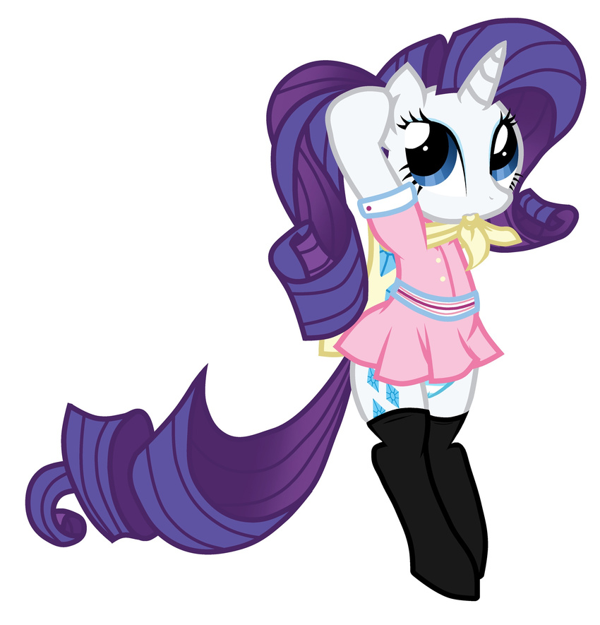 belt blue_eyes clothed clothing cute cutie_mark equine eyeshadow female feral friendship_is_magic fur hair hi_res horn horse legwear looking_at_viewer makeup mammal mouth_hold my_little_pony panties plain_background pony purple_hair pyruvate rarity_(mlp) skirt solo stockings underwear unicorn white_background white_fur