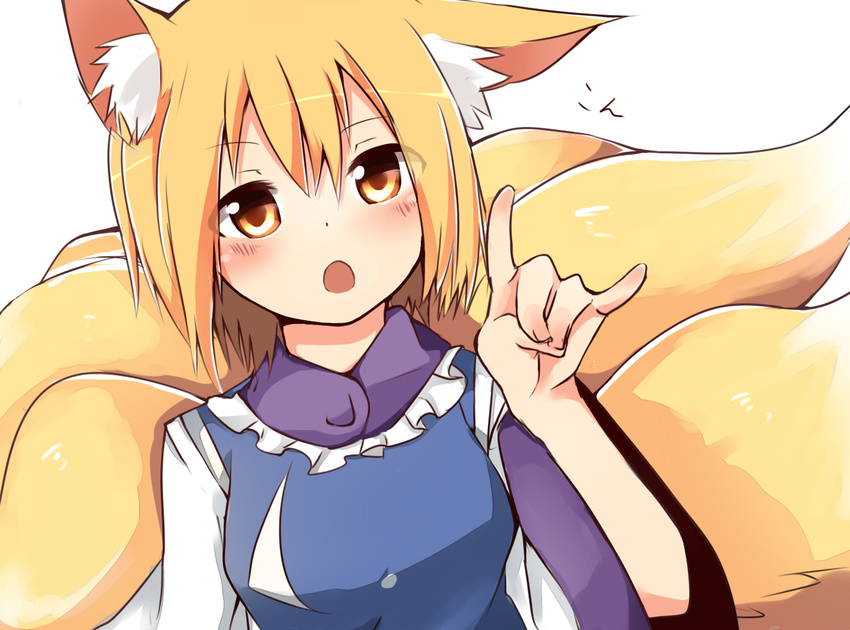 animal_ears blonde_hair fox_ears fox_shadow_puppet fox_tail looking_at_viewer multiple_tails no_hat no_headwear open_mouth short_hair simple_background solo tail tosura-ayato touhou white_background yakumo_ran yellow_eyes