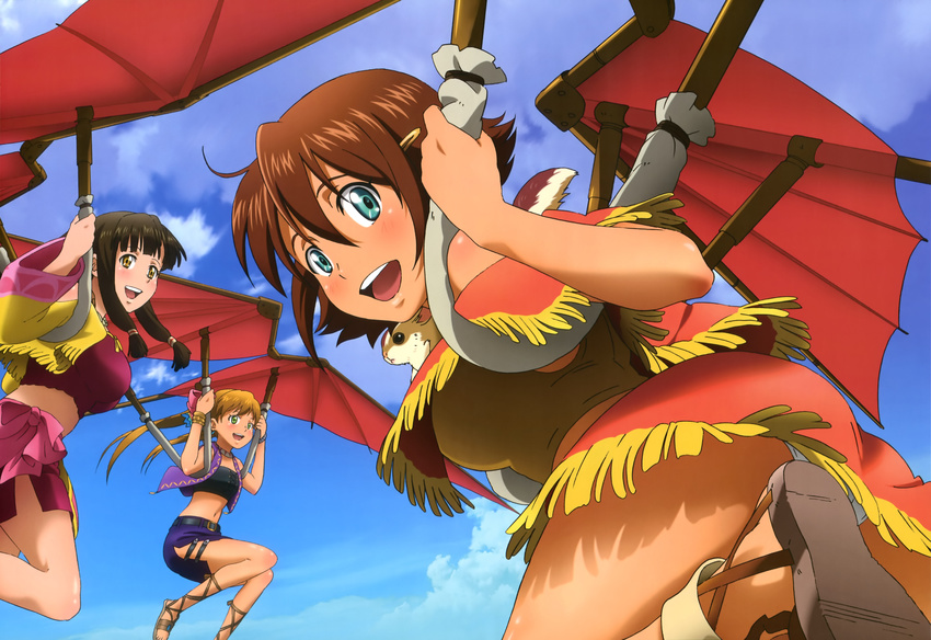 :d absurdres ahoge aircraft amy_(suisei_no_gargantia) animal animal_on_shoulder aqua_eyes ass bangs bare_shoulders black_hair blue_sky blunt_bangs blush body_blush bow bracelet breasts brown_hair buckle cloud crop_top cross-laced_footwear cross-laced_sandals day feet flat_chest floating_hair flying fringe_trim glider grace_(suisei_no_gargantia) green_eyes hair_between_eyes hair_tubes highres itadaki_shinji jewelry large_breasts legs light_brown_hair long_hair long_sleeves looking_at_viewer looking_back melty_(suisei_no_gargantia) midriff miniskirt multiple_girls navel necklace nyantype off_shoulder official_art open_clothes open_mouth open_vest outdoors panties pantyshot pencil_skirt saaya_(suisei_no_gargantia) sandals sash scan shadow short_hair side_slit sidelocks skirt sky smile squirrel strapless suisei_no_gargantia tank_top tubetop twintails underwear upskirt vest white_panties wide_sleeves yellow_eyes