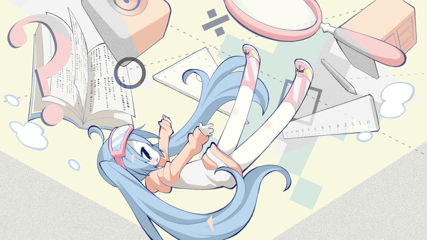 blue_eyes blue_hair book falling goggles goggles_on_head hatsune_miku long_hair maako_(yuuyake.) magnifying_glass pencil ruler solo speaker twintails very_long_hair vocaloid