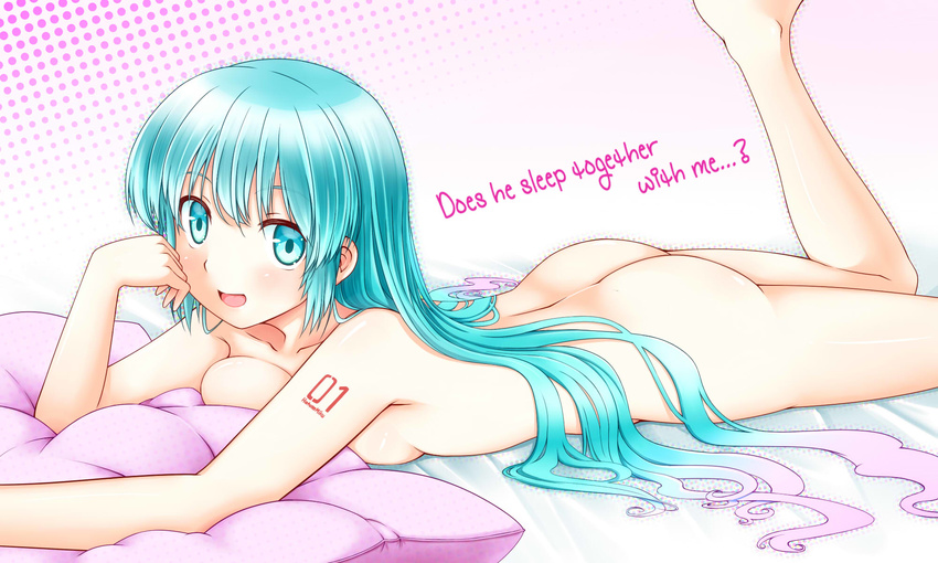 aqua_eyes aqua_hair ass breast_press breasts engrish gradient_hair hair_down hatsune_miku highres long_hair looking_at_viewer lying medium_breasts misato_nagi multicolored_hair nude on_stomach open_mouth pink_hair ranguage smile solo very_long_hair vocaloid