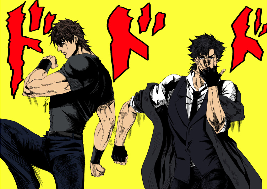 araki_hirohiko_(style) black_hair brown_hair derivative_work emiya_kiritsugu fabulous fate/zero fate_(series) fingerless_gloves gloves jojo_no_kimyou_na_bouken jojo_pose kotomine_kirei male_focus manly multiple_boys natsu_yasai necktie off_shoulder parody pose simple_background style_parody vest waistcoat yellow_background