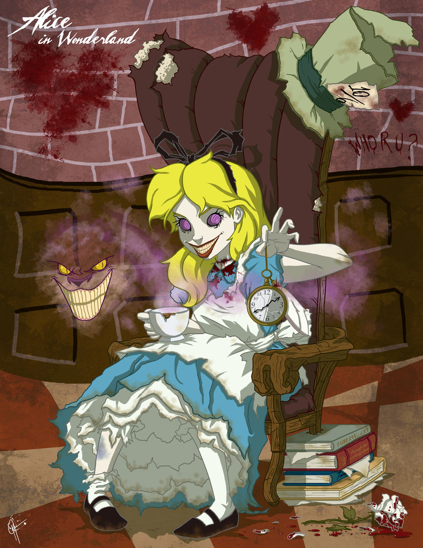 alice_in_wonderland book cat chair cheshire_cat creepy disney feline female flower hat human insane jeffrey_thomas mammal not_furry rose teacup top_hat twisted watch