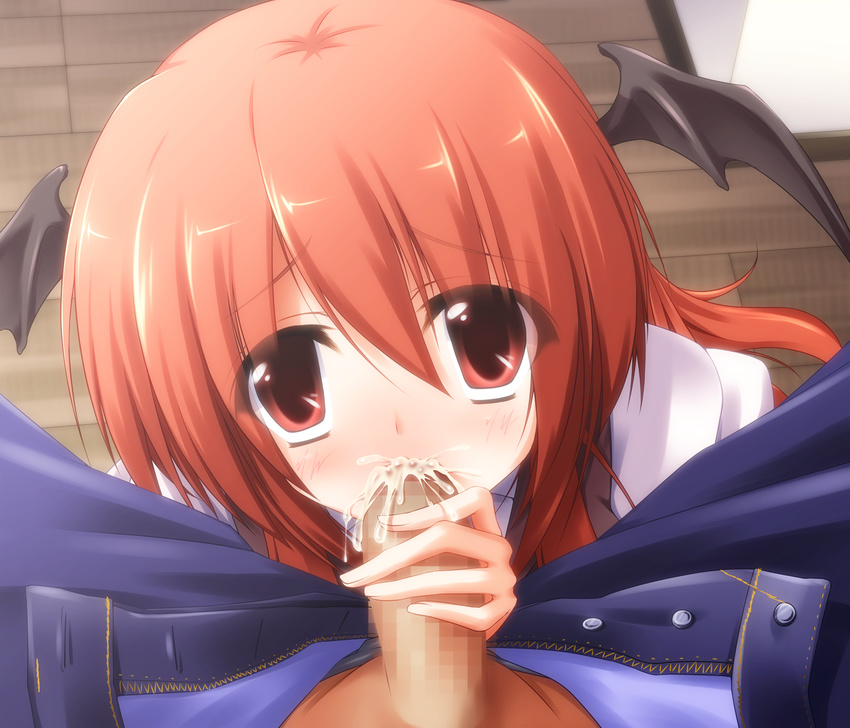 1girl bat_wings blush censored fellatio head_wings highres koakuma long_hair midoriiro_no_shinzou oral penis red_eyes red_hair the_embodiment_of_scarlet_devil touhou wings