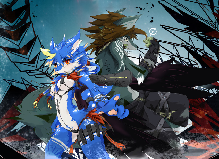 anthro belt blue_fur breasts canine cape clothing dragoon86 female fur gloves glowing green_fur hair jewelry looking_at_viewer magic mammal markings necklace open_mouth pants red_eyes smile symbols weapon white_eyes wolf