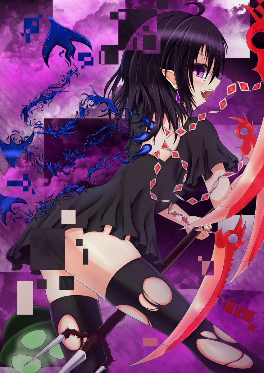ahoge asymmetrical_wings back_cutout black_hair cloud disintegration dress earrings fangs feather_quilt gradient gradient_background highres houjuu_nue jewelry looking_at_viewer looking_back open_mouth pointy_ears polearm purple_background purple_eyes short_hair solo thighhighs torn_clothes torn_legwear touhou trident ufo weapon wings