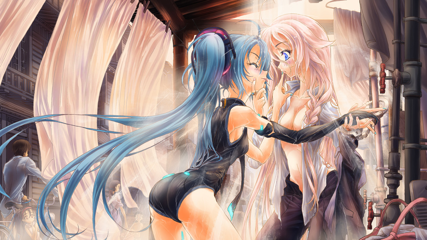 bdsm blue_eyes blue_hair bondage bound bridal_gauntlets closed_eyes cuffs handcuffs hatsune_miku highres ia_(vocaloid) jewelry long_hair multiple_girls nail_polish naka_(nicovideo14185763) open_clothes open_shirt pink_hair ring shirt tongue very_long_hair vocaloid wet yuri