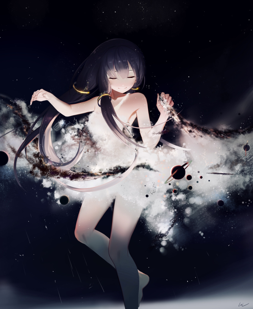 1girl absurdres arm_up armpits bangs bare_arms bare_legs bare_shoulders barefoot black_hair closed_mouth commentary_request dark_background dress eyes_closed facing_viewer hand_up highres leg_up leiq long_hair low-tied_long_hair planet saturn signature skirt_hold sleeveless sleeveless_dress smile solo sparkle vocaloid vocanese white_dress xingchen