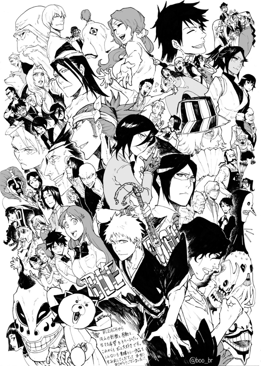 abarai_renji aizen_sousuke arisawa_tatsuki asano_keigo ayasegawa_yumichika bald beard bleach boat bob_cut boo_br bow bowtie braid breasts bun_cover carrying carrying_person cellphone cleavage clenched_teeth closed_eyes crazy_grin crazy_smile crossed_bangs dark-skinned_female dark-skinned_male dark_skin diagonal-striped_clothes diagonal-striped_necktie don_kanonji eating everyone eyepatch facepaint facial_hair fingerless_gloves fishbone_d flip_phone food frown glasses gloves goatee grand_fisher greyscale grin hair_between_eyes hair_bun hair_over_one_eye hair_over_shoulder hanakari_jinta haori hat headband headphones highres hinamori_momo hisagi_shuuhei hitsugaya_toushirou holding holding_food holding_phone holding_sword holding_weapon iba_tetsuzaemon ichimaru_gin inoue_orihime inoue_sora_(bleach) ise_nanao ishida_ryuuken ishida_sooken ishida_uryuu jacket japanese_clothes karakura_high_school_uniform katagiri_kanae kira_izuru kojima_mizuiro komamura_sajin kon_(bleach) kotetsu_isane kotetsu_kiyone kotsubaki_sentarou kuchiki_byakuya kuchiki_hisana kuchiki_rukia kurosaki_ichigo kurosaki_isshin kurosaki_karin kurosaki_masaki kurosaki_yuzu kurotsuchi_mayuri kurotsuchi_nemu kusajishi_yachiru kyouraku_shunsui large_breasts lips low_ponytail madarame_ikkaku matsumoto_rangiku menos_grande monochrome monster mustache necktie numb_chandelier old old_man oomaeda_marechiyo opaque_glasses outstretched_arms phone pointing ponytail receding_hairline riding riding_animal sado_yasutora sasakibe_choujirou scar scar_across_eye scar_on_face scar_on_mouth school_uniform serious shiba_ganju shiba_kaien shiba_kuukaku shihakusho shihouin_yoruichi short_hair short_hair_with_long_locks shrieker_(bleach) siblings single_braid single_hair_bun sisters smile straw_hat striped_clothes striped_hat stuffed_toy sui-feng suit sunglasses sword taichou_haori teeth thick_lips tousen_kaname translation_request tsukabishi_tessai tsumugiya_ururu twins twintails twitter_username ukitake_juushirou unohana_retsu urahara_kisuke watercraft weapon x_arms yamada_hanatarou yamamoto-genryuusai_shigekuni zaraki_kenpachi