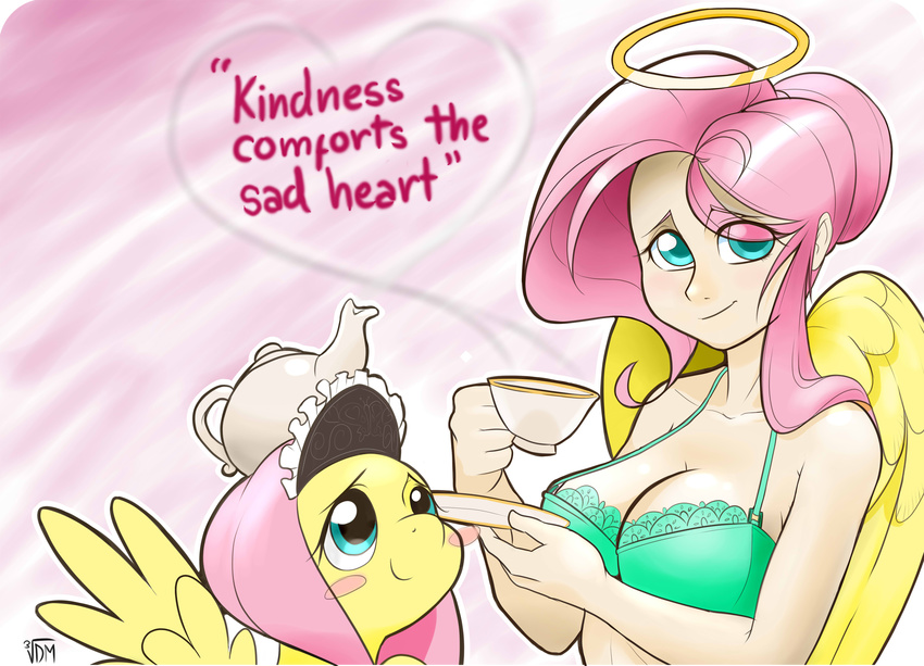 blush bra breasts cleavage clothed clothing cup duo english_text equine female fluttershy_(mlp) friendship_is_magic green_eyes hair halo horse human human_ponidox humanized lingerie maid_headdress mammal mrwes326 my_little_pony pegasus pink_hair plate pony signature smile square_crossover suggestive tea_cup teacup teapot text underwear wings