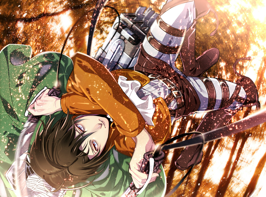 ascot belt black_eyes black_hair boots brown_hair cape dual_wielding holding jacket levi_(shingeki_no_kyojin) male_focus paradis_military_uniform shingeki_no_kyojin solo sparkle sword thigh_strap three-dimensional_maneuver_gear weapon wire yuna_(rutera)