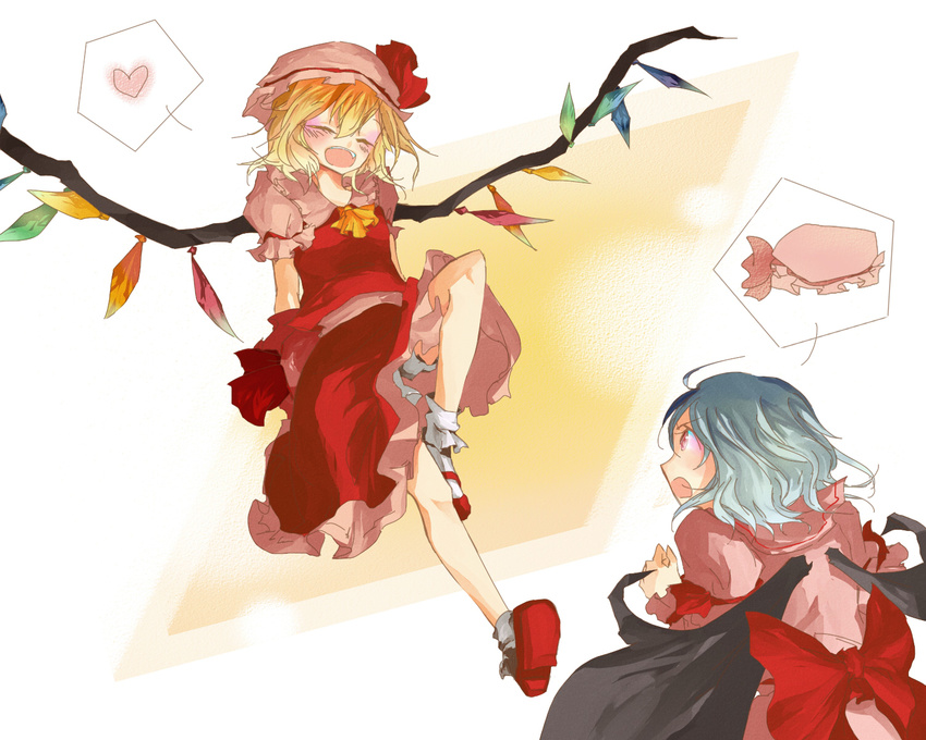 ahoge arms_behind_back ascot bat_wings blonde_hair bloomers blue_hair bobby_socks bow clenched_hand closed_eyes dress fang flandre_scarlet flying from_behind gradient gradient_background hat hat_removed hat_ribbon headwear_removed heart highres holding holding_hat looking_at_another mary_janes mob_cap multiple_girls open_mouth red_eyes remilia_scarlet ribbon shoes short_hair short_sleeves siblings simple_background sisters skirt skirt_set socks speech_bubble spoken_heart spoken_object touhou tsukonbu_(t_kanta) underwear white_background wings