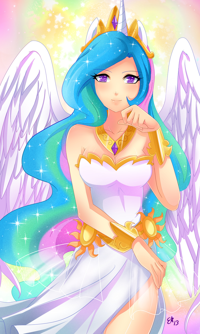 bracelet clothed clothing crown dress equine feathered_wings feli female friendship_is_magic hair horn human humanized jewelry mammal multi-colored_hair my_little_pony princess princess_celestia_(mlp) purple_eyes royalty smile solo winged_unicorn wings