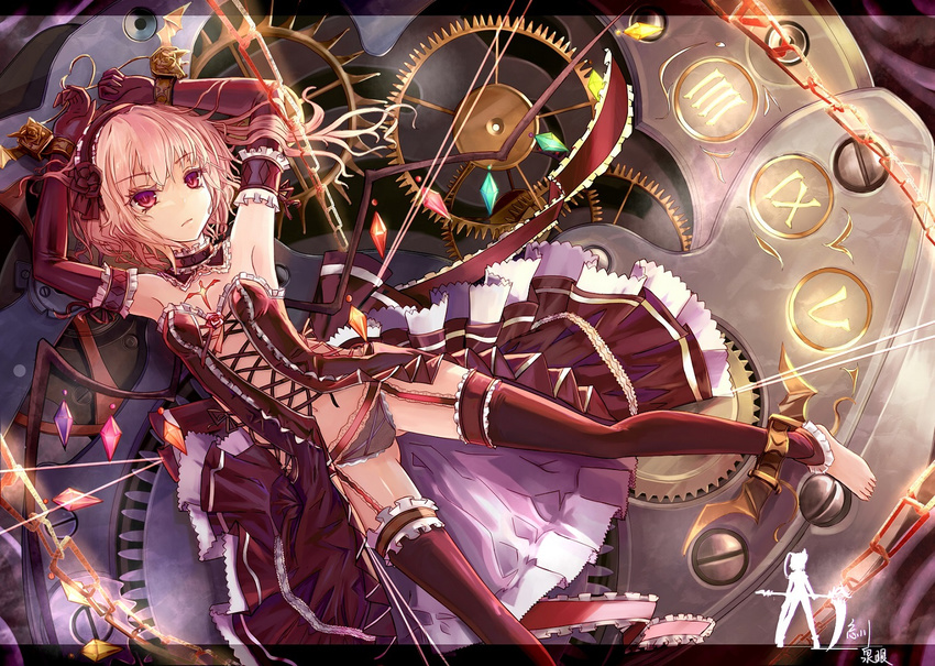 alternate_costume arm_garter armpits arms_up barefoot bdsm black_gloves black_legwear blonde_hair bondage bound chain cuffs elbow_gloves flandre_scarlet gears gloves letterboxed red_eyes roman_numerals short_hair side_ponytail signature solo thighhighs tied_up touhou wangchuan_de_quanyan wings