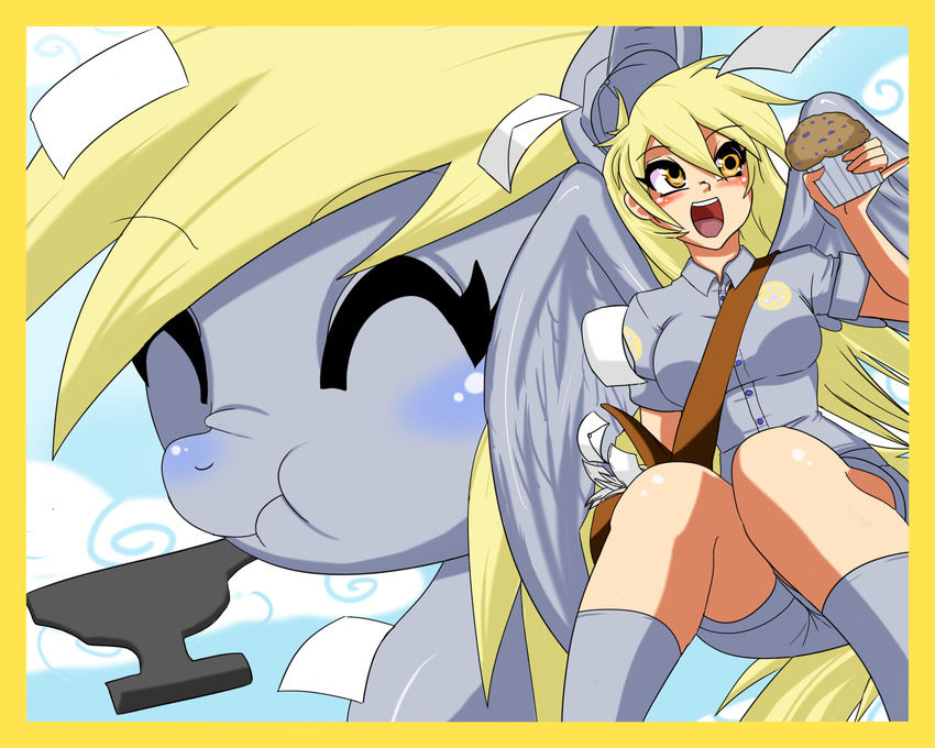 amber_eyes anvil bag blonde_hair blush border clothed clothing derpy_hooves_(mlp) duo envelope equine female food friendship_is_magic fur grey_fur hair hat horse human humanized letter mail mail_bag mammal messenger_bag muffin my_little_pony ninja-8004 open_mouth pegasus pony shirt shorts square_crossover wings yellow_eyes