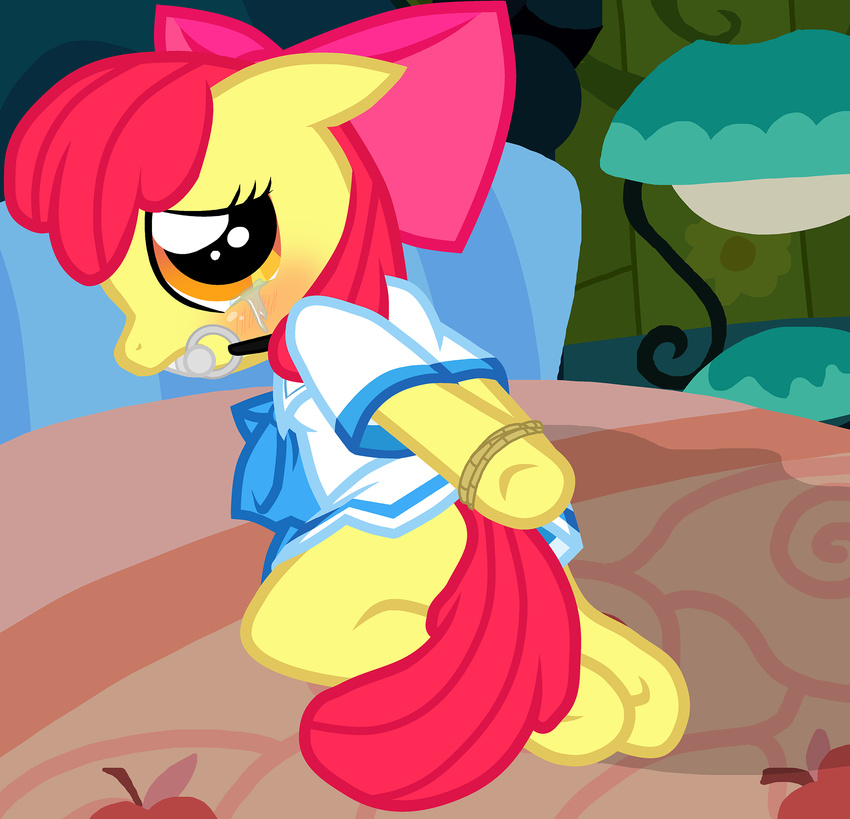 amber_eyes apple_bloom_(mlp) arms_behind_back arms_tied bed bit_gag blush bound bow clothed clothing crying cub equine female feral friendship_is_magic fur gag hair hands_tied hi_res horse kneeling looking_at_viewer looking_back mammal my_little_pony pony pyruvate red_hair rope solo tears yellow_fur young