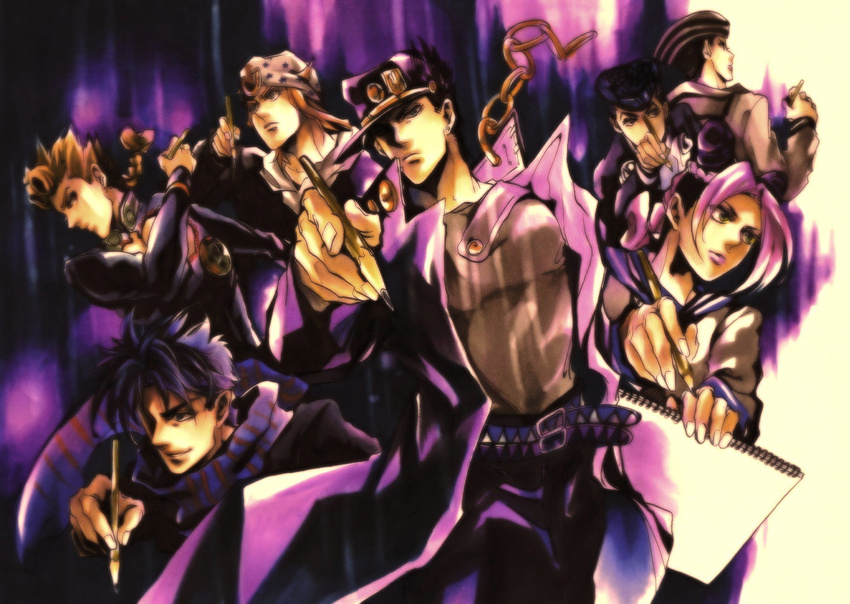 6+boys bad_id bad_pixiv_id battle_tendency dekopin08 diamond_wa_kudakenai dixie_cup_hat family giorno_giovanna hat higashikata_jousuke higashikata_jousuke_(jojolion) johnny_joestar jojo_no_kimyou_na_bouken jojolion jonathan_joestar joseph_joestar_(young) kuujou_jolyne kuujou_joutarou military_hat multiple_boys pencil purple school_uniform stardust_crusaders steel_ball_run stone_ocean vento_aureo