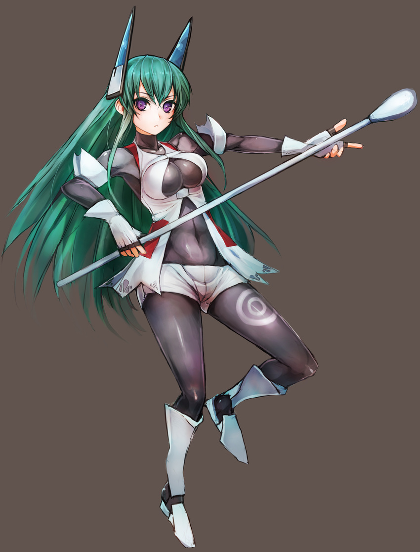 absurdres bodysuit boots breasts cleavage cotton_swab fingerless_gloves gloves green_hair highres knee_boots large_breasts long_hair menou_kaname minigirl original purple_eyes robot_ears shorts solo taishi_(picchiridou) very_long_hair