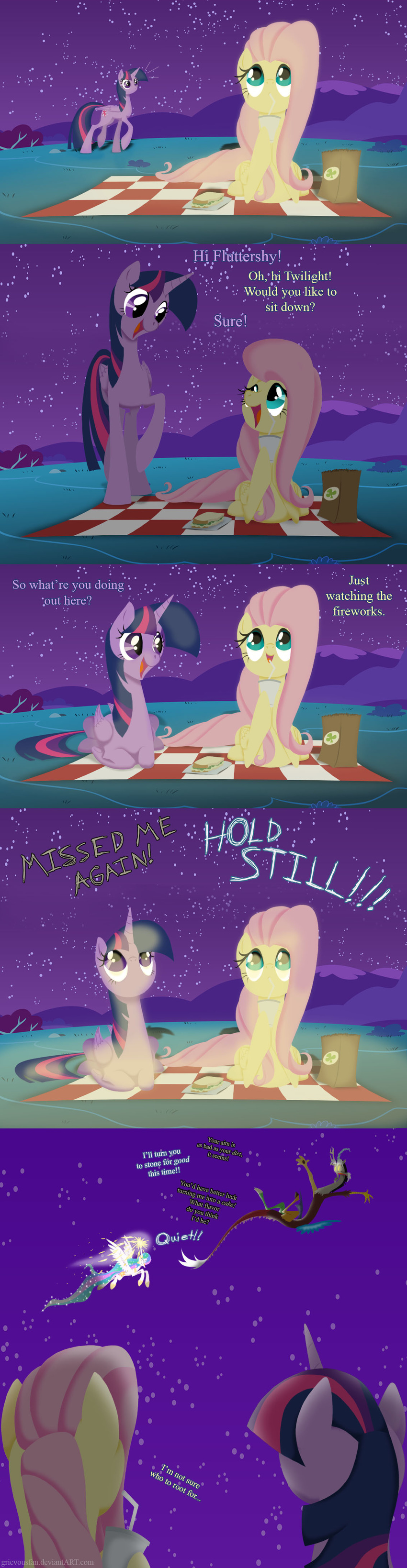 comic cutie_mark dialog discord_(mlp) draconequus english_text equine female feral fluttershy_(mlp) food friendship_is_magic fur green_eyes grievousfan group hair horn horse male mammal multi-colored_hair my_little_pony night outside pink_hair pony princess princess_celestia_(mlp) princess_luna_(mlp) purple_eyes royalty text twilight_sparkle_(mlp) watching winged_unicorn wings yellow_fur