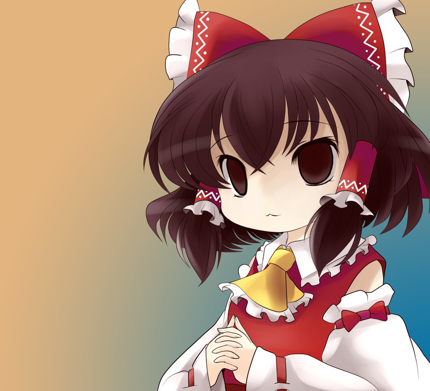 ascot bow brown_eyes brown_hair chibi detached_sleeves empty_eyes hair_bow hair_tubes hakurei_reimu short_hair solo touhou yume_shokunin