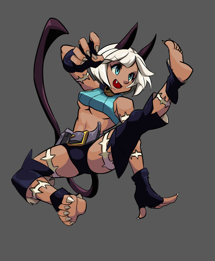 animal_ears bad_id bad_pixiv_id bare_shoulders barefoot belt belt_pouch blue_eyes bob_cut breasts cat_ears cat_tail dark_skin detached_leggings fang fingerless_gloves flying_kick gloves highres kicking medium_breasts midriff ms._fortune_(skullgirls) pouch short_hair siwasu_hizume skullgirls solo tail underboob white_hair