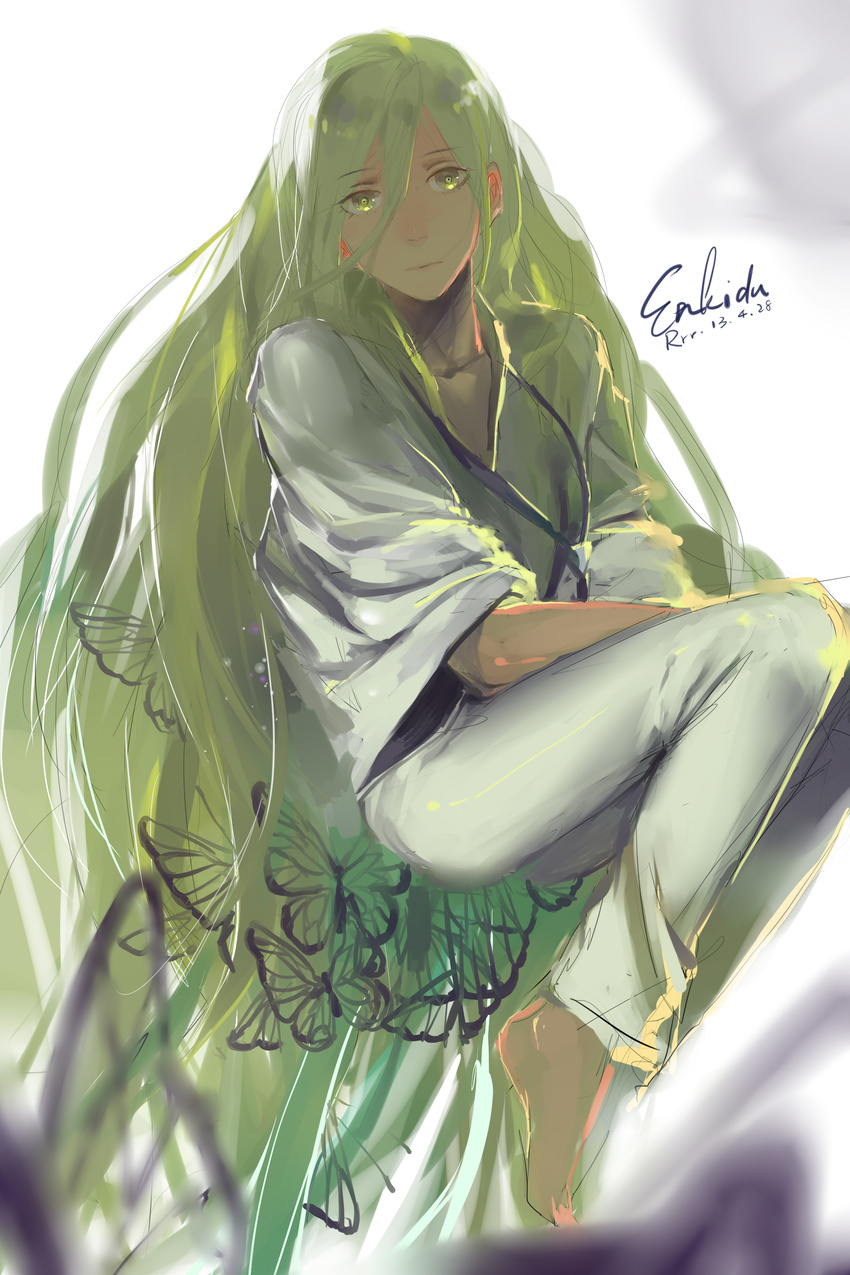 absurdres androgynous bad_id bad_pixiv_id bug butterfly dated enkidu_(fate/strange_fake) fate/strange_fake fate_(series) green_eyes green_hair highres insect long_hair male_focus robe rrr_(reason) signature solo