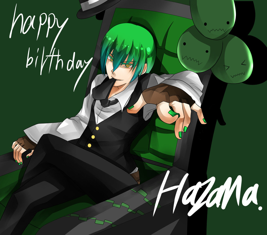 bad_id bad_pixiv_id birthday blazblue character_name couch crossed_legs fedora fingerless_gloves fingernails gloves green_hair happy_birthday hat hazama male_focus mouth_hold necktie sitting solo yellow_eyes yuuno_(yuyu-p4)