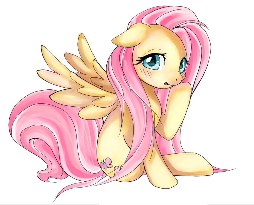 blush cutie_mark equine female feral fluttershy_(mlp) friendship_is_magic fur hair horse long_hair looking_at_viewer mammal mesunari my_little_pony open_mouth pegasus pink_hair plain_background pony sitting solo white_background wings yellow_fur
