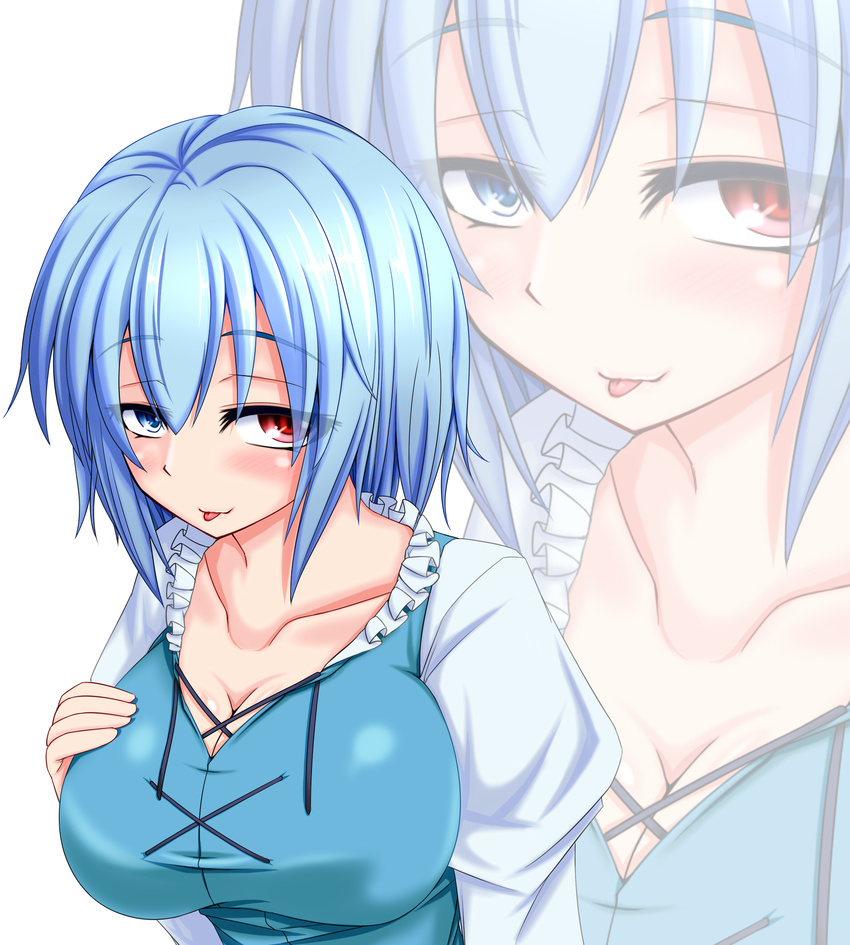 :p blue_eyes blue_hair blush breasts cleavage collarbone hand_on_breast heterochromia highres large_breasts long_sleeves naughty_face parmiria red_eyes short_hair simple_background solo tatara_kogasa tongue tongue_out touhou white_background zoom_layer