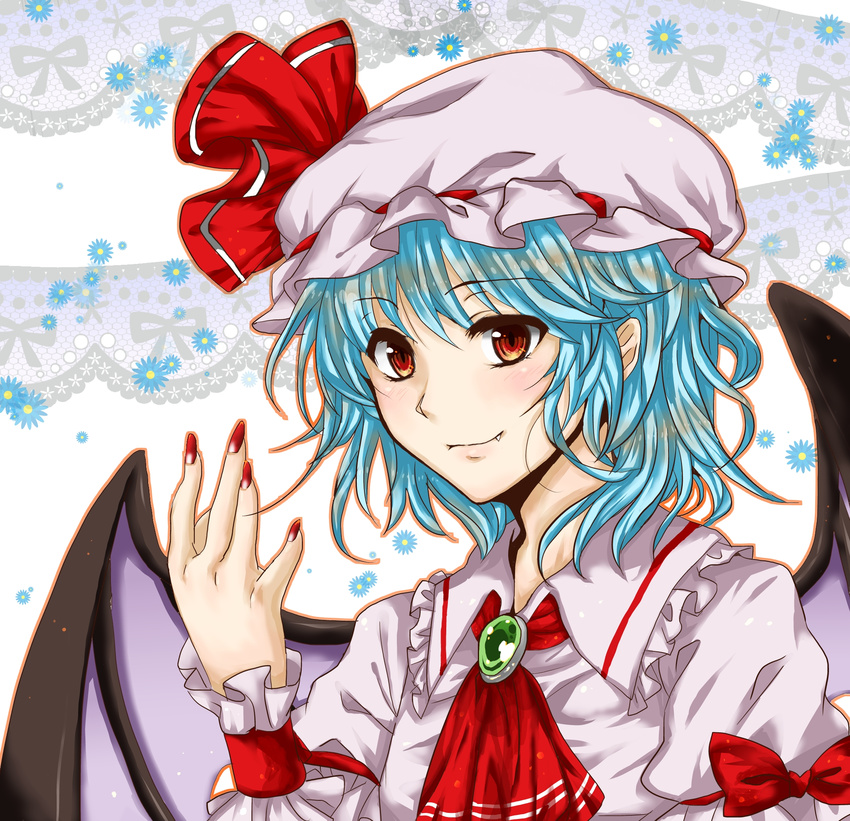 \||/ ascot bad_id bad_pixiv_id bat_wings blouse blue_hair brooch daisy fang fang_out fingernails flower hand_up hat hat_ribbon highres jewelry lace looking_at_viewer mob_cap nail_polish nekushiro open_hand outline red_eyes remilia_scarlet ribbon short_hair short_sleeves simple_background smile solo touhou upper_body white_background wings wrist_cuffs