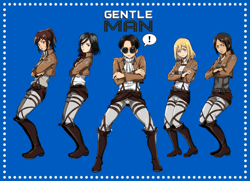 1boy 4girls ascot bad_id bad_pixiv_id black_hair blonde_hair boots brown_hair christa_renz emblem freckles gentleman_(psy) highres jacket levi_(shingeki_no_kyojin) mikasa_ackerman multiple_girls noeunjung93 paradis_military_uniform parody pose psy sasha_braus shingeki_no_kyojin sunglasses ymir_(shingeki_no_kyojin)