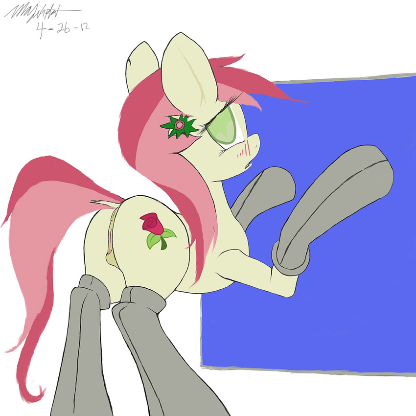 2012 anus blush cutie_mark equine female feral friendship_is_magic fur green_eyes hair horse looking_at_viewer looking_back majikplant420 mammal my_little_pony open_mouth pony pussy rose rose_(mlp) signature simple_background socks solo two_tone_hair yellow_fur