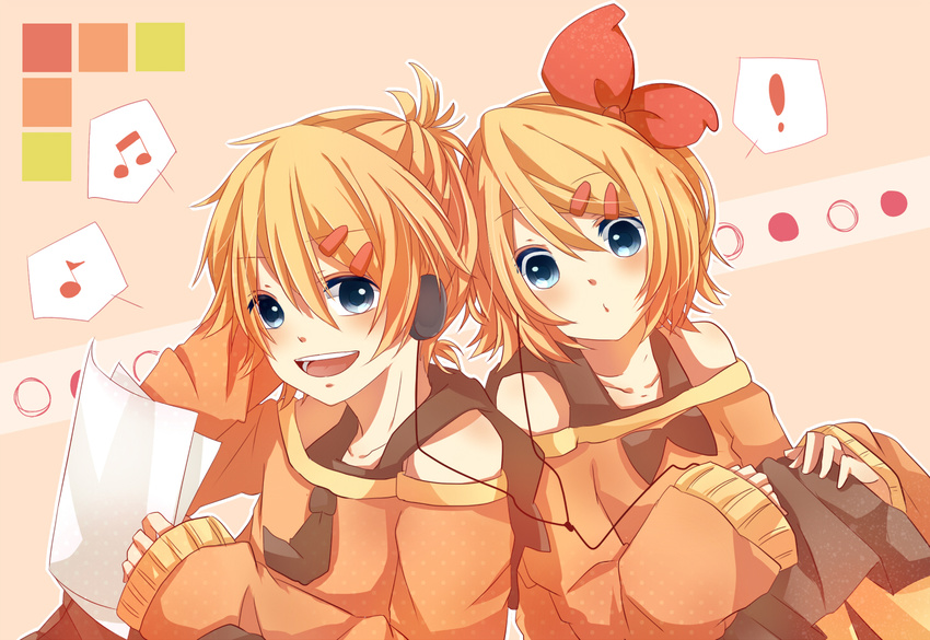 1boy 1girl :d :o blonde_hair blue_eyes bow brother_and_sister hair_ornament hairclip headphones kagamine_len kagamine_rin looking_at_viewer mikan_(kuriyu405) musical_note necktie open_mouth paper short_hair siblings smile vocaloid