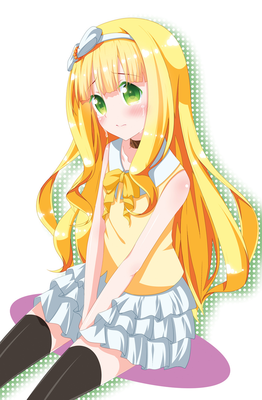 azuki_azusa black_legwear blonde_hair blush bow choker crying green_hair hair_bow hairband hentai_ouji_to_warawanai_neko. highres long_hair mythless sleeveless solo tears thighhighs