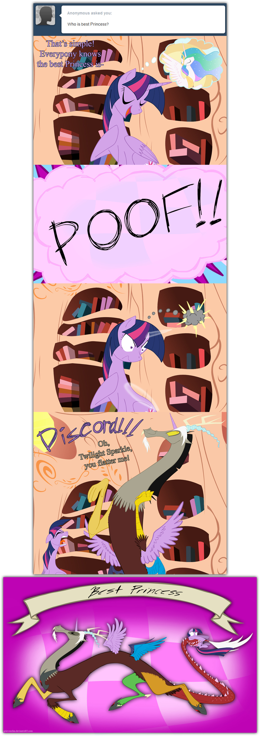 book claws comic crown cutie_mark dialog discord_(mlp) draconequus english_text equine female feral friendship_is_magic grievousfan hair horn horse magic male mammal multi-colored_hair my_little_pony open_mouth pony princess princess_celestia_(mlp) purple_eyes purple_hair red_eyes royalty shelf smile smoke text tumblr twilight_sparkle_(mlp) unicorn winged_unicorn wings