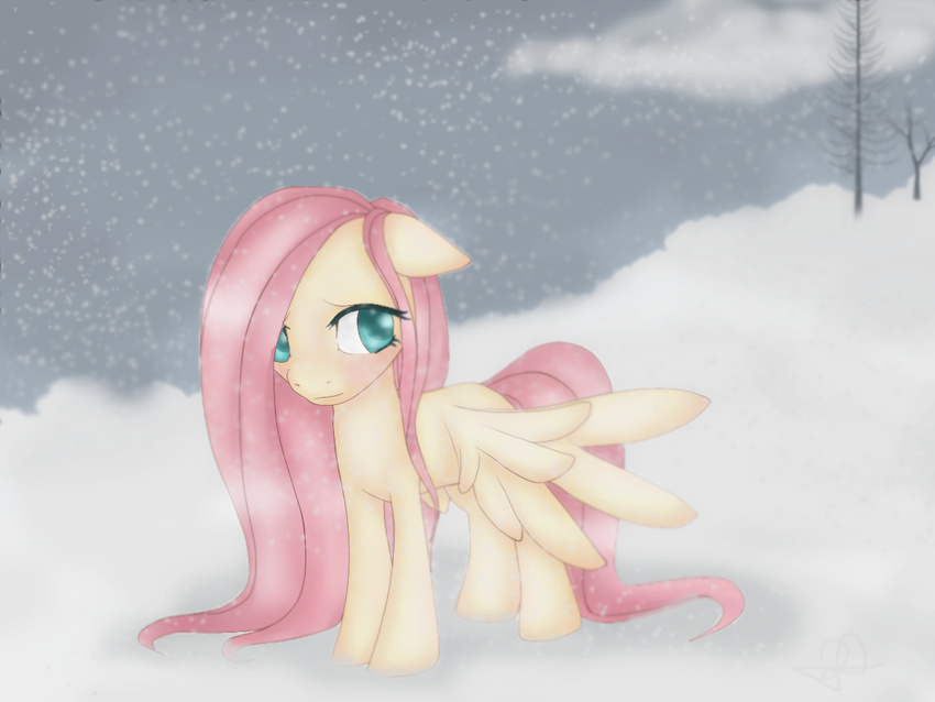 cyan_eyes equine feathers female feral floppy_ears fluttershy_(mlp) friendship_is_magic fur hair horse long_hair looking_back mammal my_little_pony outside pegasus pink_hair pony shy slickpaint smile snow solo tree wings winter yellow_fur