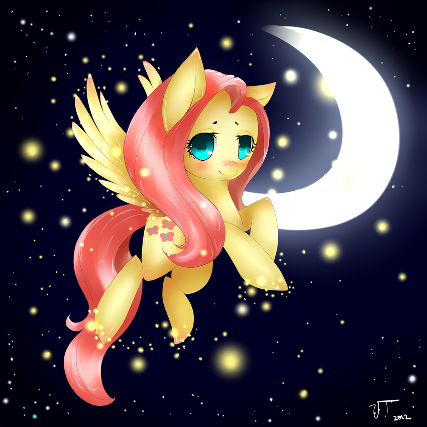 absurd_res cutie_mark equine female feral fluttershy_(mlp) flying friendship_is_magic fur hair hi_res horse long_hair looking_at_viewer mammal moon my_little_pony night outside pegasus pink_hair pony sky smile solo sparkles stars vardastouch wings yellow_fur
