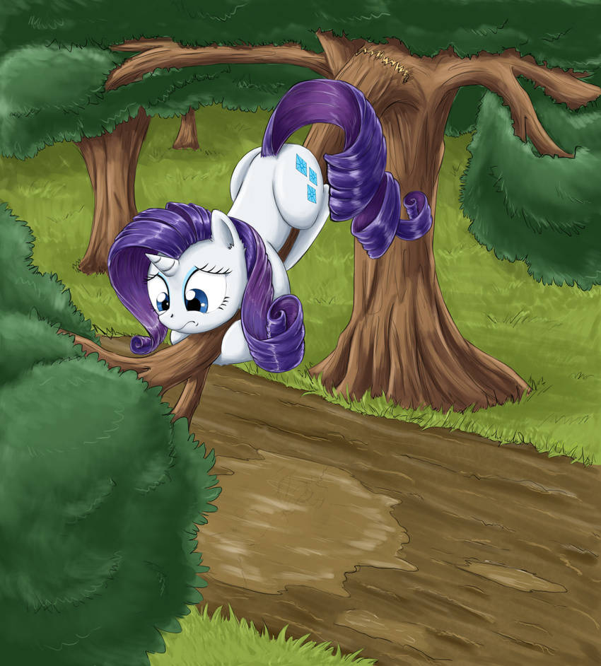 blue_eyes cutie_mark equine eyeshadow female feral friendship_is_magic fur grass hair horn horse makeup mammal mud my_little_pony otakuap outside pony purple_hair rarity_(mlp) solo tree unicorn white_fur wood