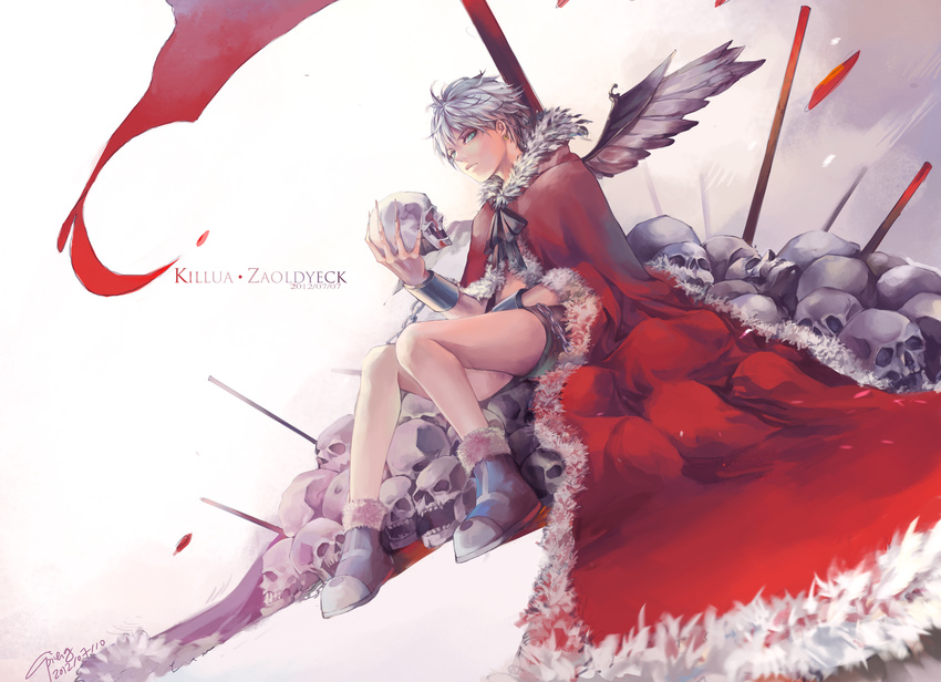 absurdres blood blue_eyes cape cp_.ieng earrings flag highres hunter_x_hunter jewelry killua_zoldyck male_focus sitting skull solo white_hair wings