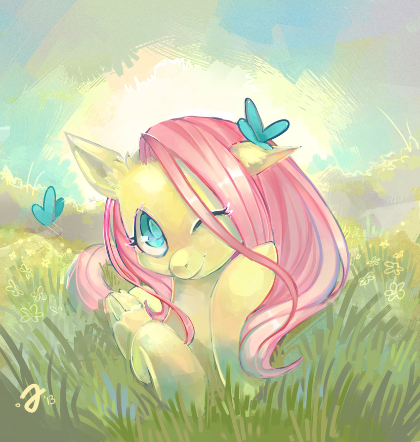 butterfly cyan_eyes equine erinliona female feral fluttershy_(mlp) friendship_is_magic fur grass hair horse insect long_hair mammal my_little_pony one_eye_closed outside pegasus pink_hair pony smile solo sun wings wink yellow_fur