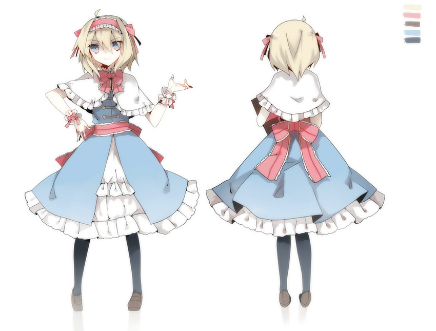 alice_margatroid back bad_id bad_pixiv_id black_legwear blonde_hair blue_eyes book boots capelet dress hairband pantyhose red_(girllove) short_hair short_sleeves smile solo touhou